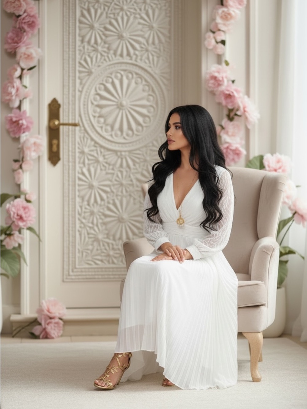 V-Neck White Pleated Maxi Dress with Sheer Long Sleeves - Picture 3 of 10